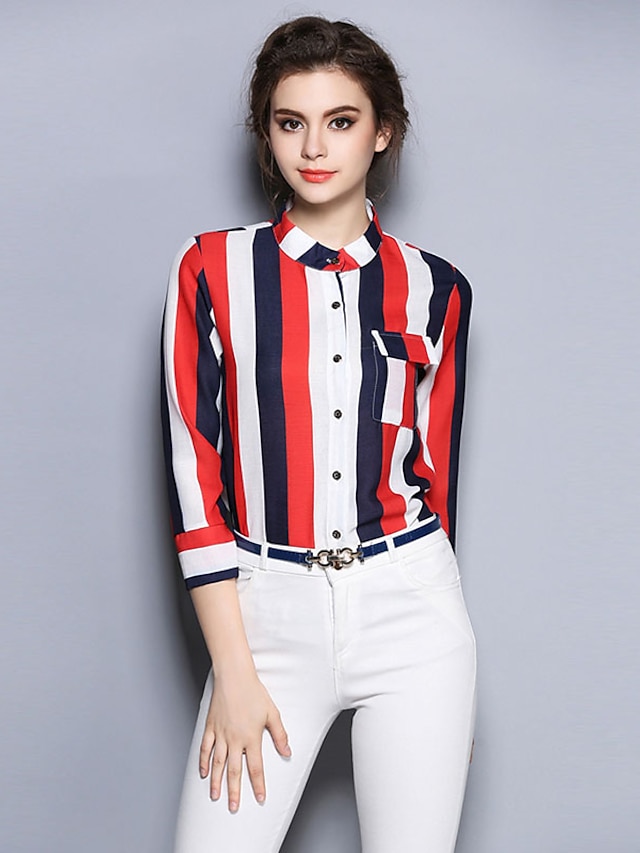  Women's Work Casual Summer Shirt,Striped Crew Neck Long Sleeves Silk Thin