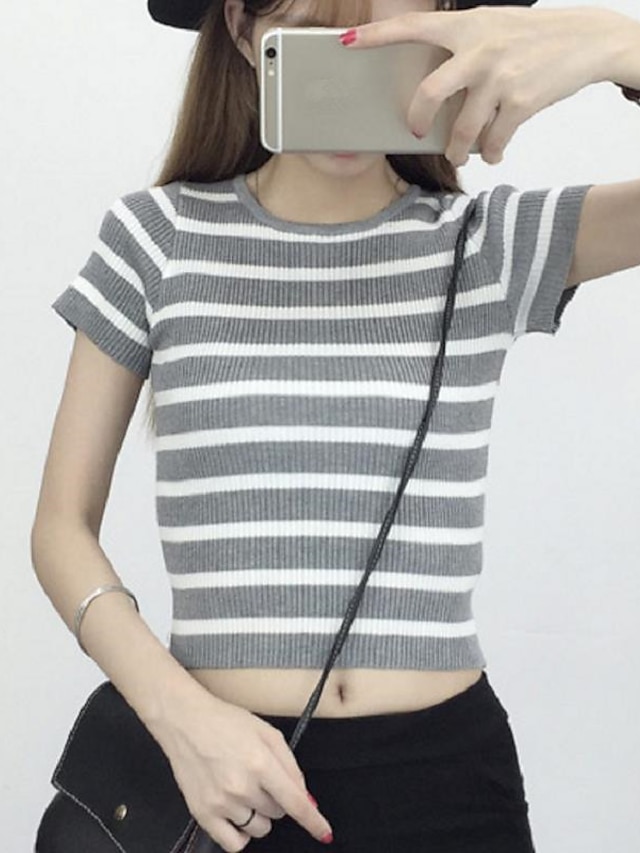  Women's Casual / Daily Street chic Striped Short Sleeve Short Pullover, Round Neck Summer Cotton Gray / Red / Pink