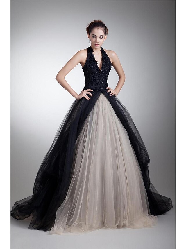  A-Line Color Block Dress Formal Evening Court Train Sleeveless Halter Neck Tulle with Beading Appliques 2024