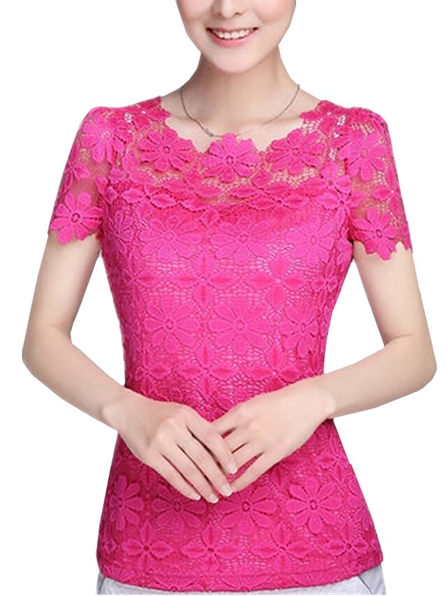  Women's Blouse Solid Colored Plus Size Round Neck Daily Weekend Lace Short Sleeve Tops Streetwear White Black Pink
