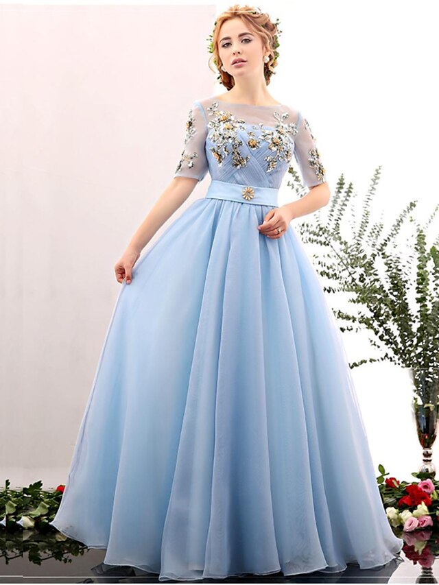  Ball Gown Dress Formal Evening Floor Length Jewel Neck Tulle with Beading Embroidery 2024