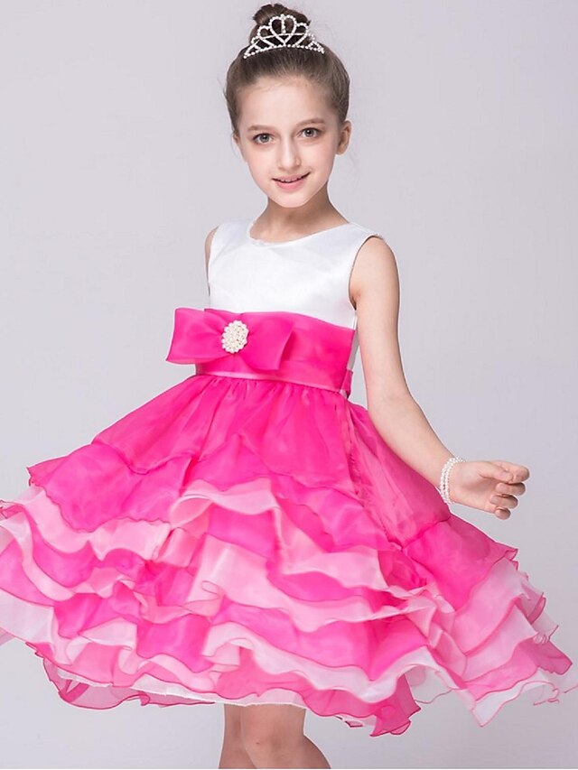  A-Line Tea Length Flower Girl Dress - Satin Tulle Sleeveless Jewel Neck with Bow(s) Sash / Ribbon by Hua Cheng fashion