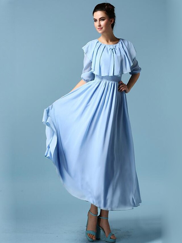  Femme Robe Évasée Eté - Vêtement de rue Multirang Couleur Pleine Col Rond Doublé Bleu