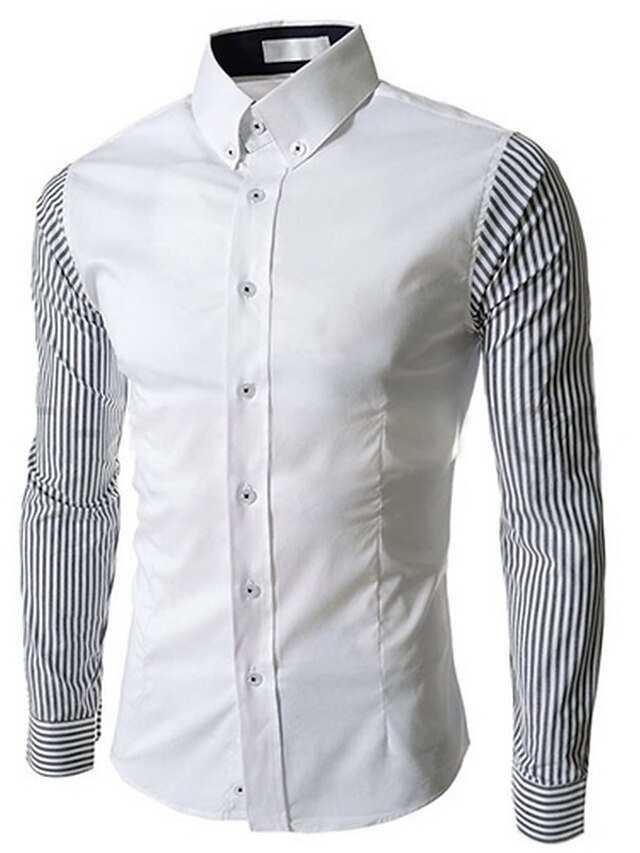  男性用 シャツ ドレスシャツ ストライプ パッチワーク ホワイト ダークブルー 長袖 フォーマル 日常 トップの コットン ビジネス