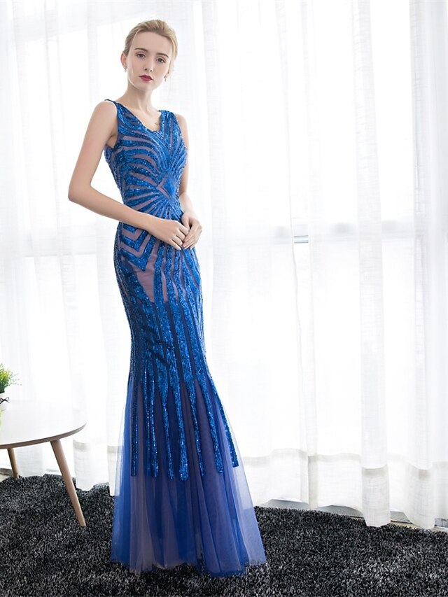  Mermaid / Trumpet Sparkle & Shine Prom Formal Evening Dress V Neck Sleeveless Ankle Length Satin Tulle with Sequin 2020