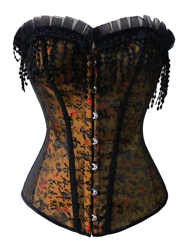  Women's Lace Hook & Eye Plus Size / Underbust Corset / Overbust Corset - Jacquard Brown S M L / Corset Set