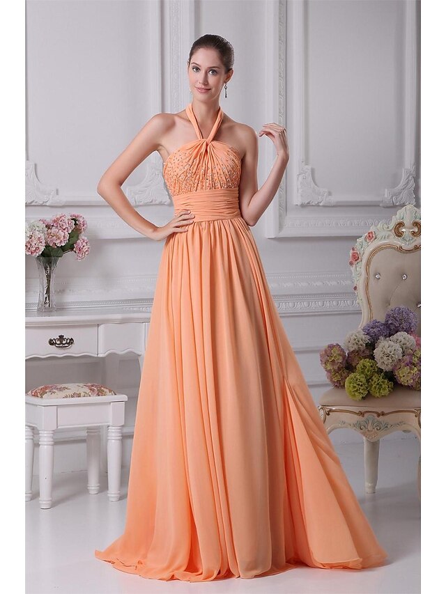  A-Line Open Back Prom Formal Evening Dress Halter Neck Sleeveless Floor Length Chiffon with Pleats Beading 2020