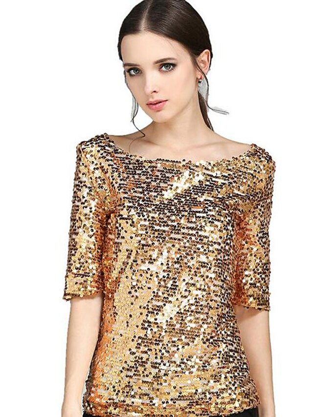  Women's T shirt Solid Colored Plus Size Round Neck Going out Weekend Sequins Tops Casual Streetwear Black Silver Gold