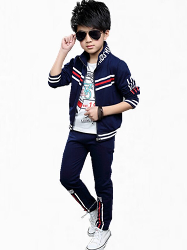  Boys' Floral Casual / Daily Striped Long Sleeve Regular Regular Cotton Clothing Set Navy Blue
