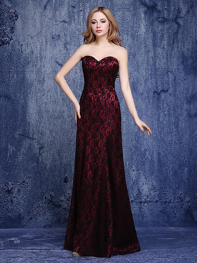  A-Line Formal Evening Dress Sweetheart Neckline Sleeveless Floor Length Lace with Lace 2020