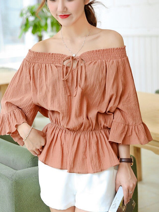  Women's Street chic Petal Sleeves Cotton Blouse - Solid Colored Peplum / Ruched Boat Neck