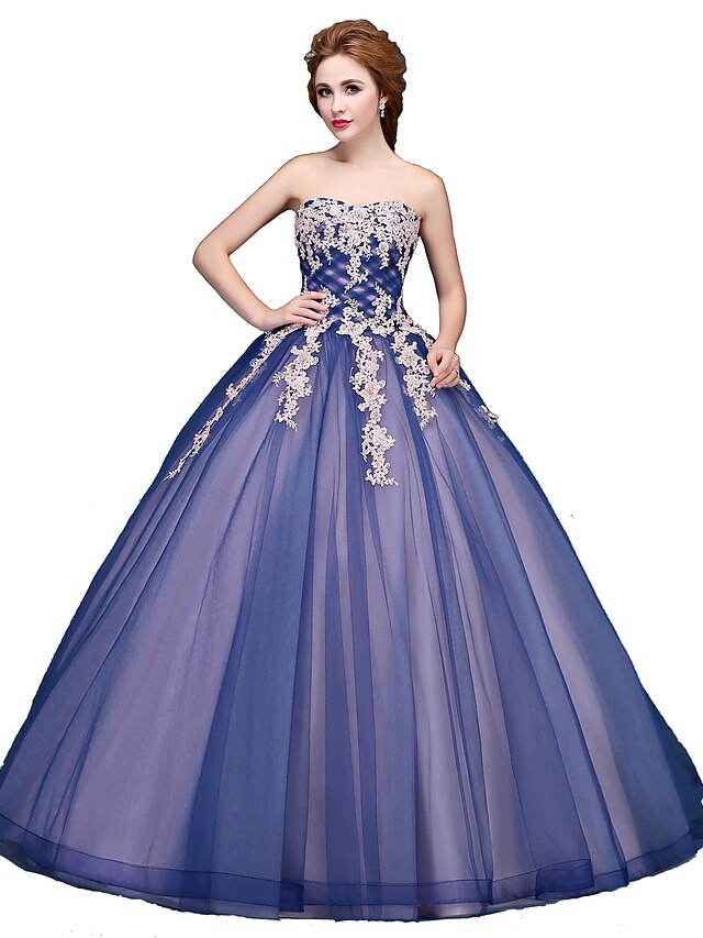  Ball Gown Color Block Formal Evening Dress Strapless Sleeveless Floor Length Tulle with Appliques 2020