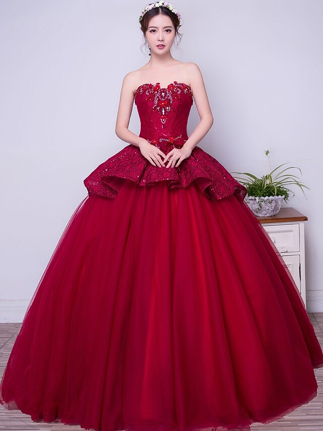  Ball Gown Vintage Inspired Formal Evening Dress Strapless Sleeveless Floor Length Lace Satin Tulle with Bow(s) Beading 2020