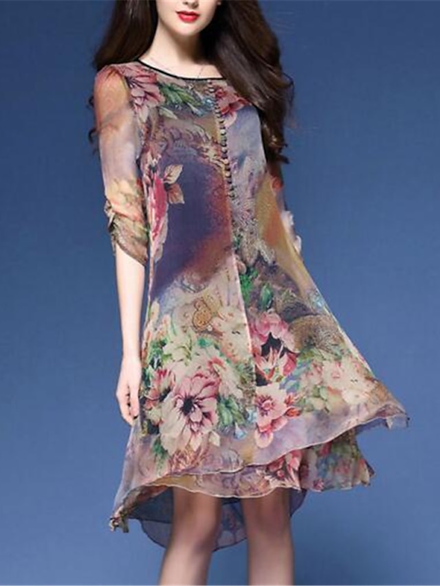  Dame Løstsittende Knelang kjole - Halvlange ermer Blomstret Trykt mønster Vår Sommer Store størrelser Chinoiserie Blomstret Mørkeblå M L XL XXL 3XL 4XL 5XL