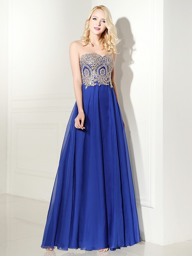  A-Line Sweetheart Neckline Floor Length Chiffon Dress with Beading / Appliques / Lace by LAN TING Express