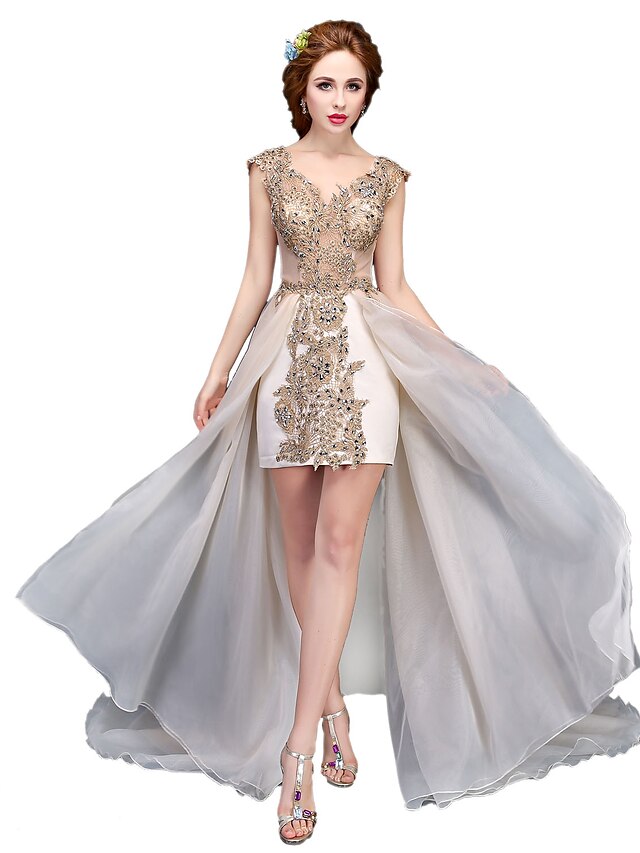  Ballkleid Vintage Inspirationen Formeller Abend Kleid V-Ausschnitt Ärmellos Asymmetrisch Spitze Organza mit Perlenstickerei 2020
