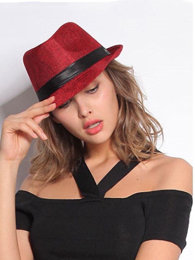  Mujer Hilo Sombrero Fedora Un Color Gris Rojo Color Camello / Bonito / Negro / Sombrero y Gorra