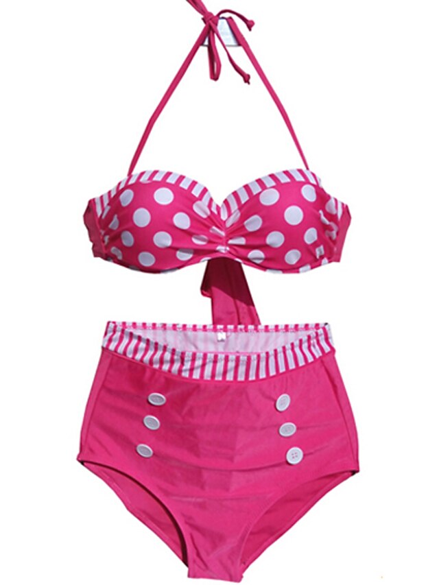  Women's Dot Retro Halter Neck Fuchsia Bikini Swimwear Swimsuit Fuchsia