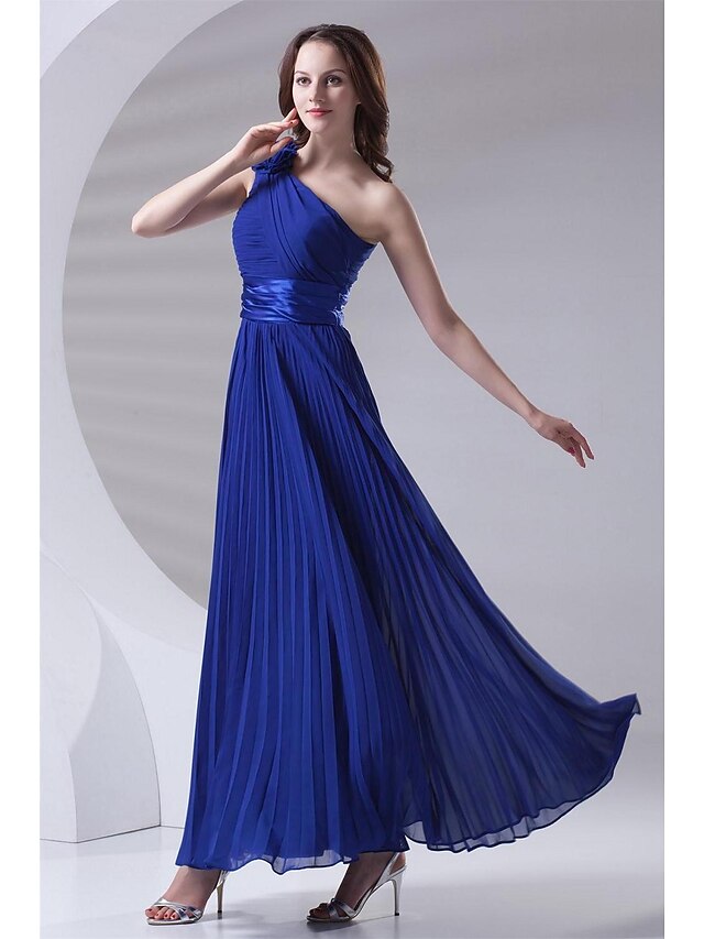  A-Line One Shoulder Ankle Length Chiffon Bridesmaid Dress with Draping / Flower / Pleats by LAN TING BRIDE®