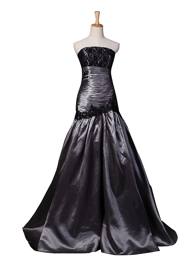  Fit & Flare Formal Evening Dress Strapless Floor Length Lace Taffeta with Lace Appliques Side Draping 2020