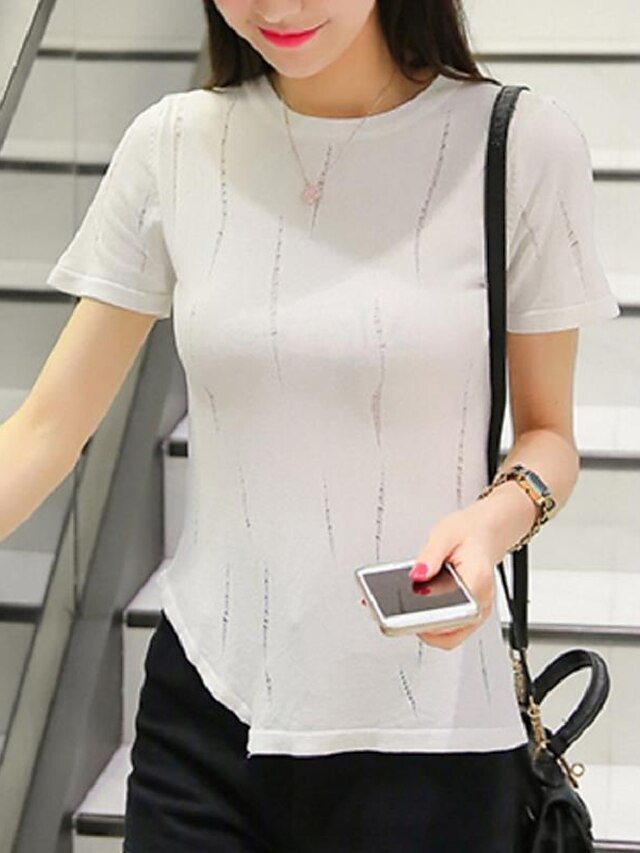  Damen Lässig / Alltäglich Street Schick Solide Kurzarm Standard Pullover, Rundhalsausschnitt Sommer Weiß