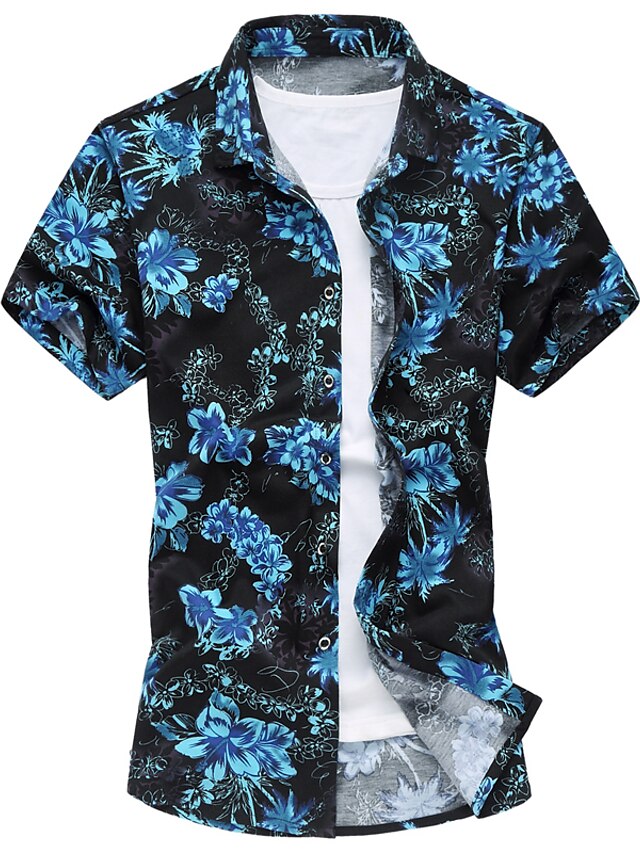  Homens Camisa Social Saia Floral Colarinho Clássico Amarelo Azul Manga Curta Tamanho Grande Praia Imprimir Delgado Blusas Boho / Verão / Verão