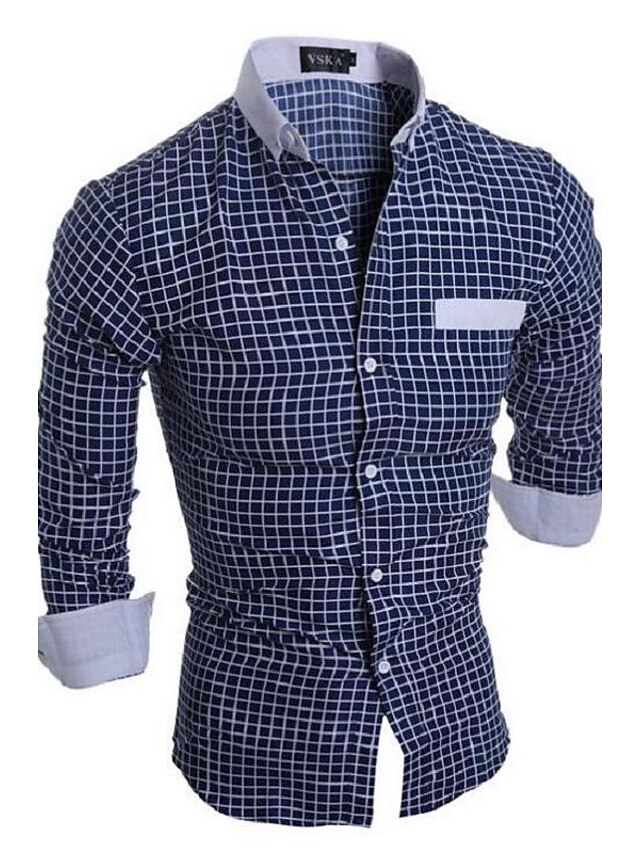  Men's Shirt Plaid / Check Classic Collar White Navy Blue Long Sleeve Daily Weekend Slim Tops