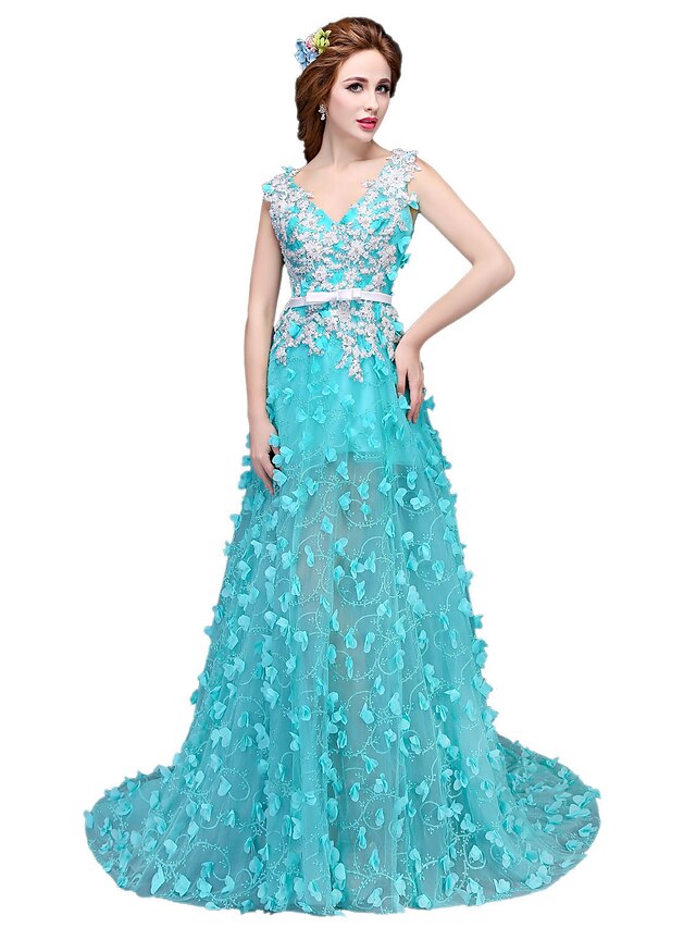  A-Line Floral Formal Evening Dress V Neck Sleeveless Court Train Tulle with Pearls Appliques 2020