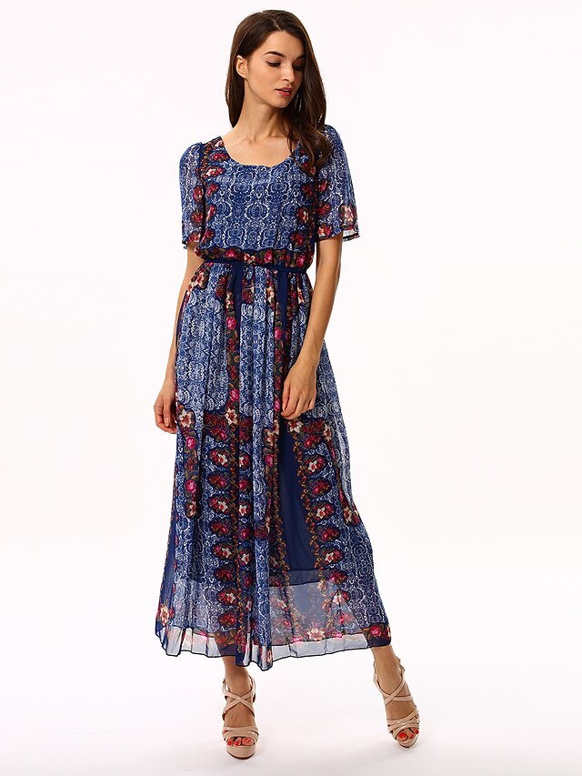  Women's Going out Swing Dress Pleated / Print Summer Blue