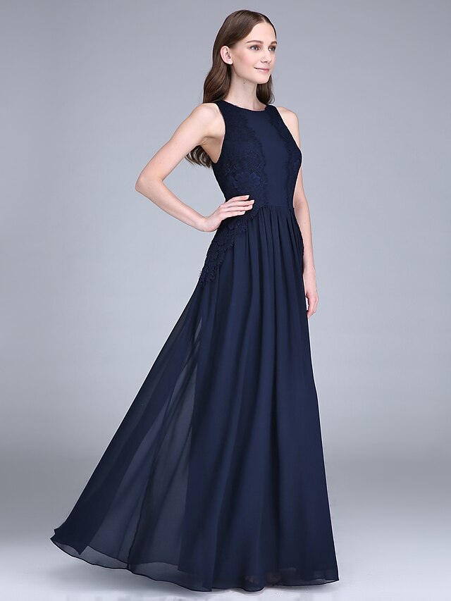  Sheath / Column Jewel Neck Floor Length Chiffon Bridesmaid Dress with Lace by LAN TING BRIDE®