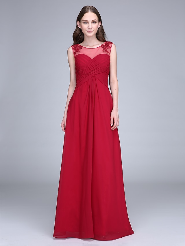  Sheath / Column Scoop Neck Floor Length Chiffon Bridesmaid Dress with Appliques / Lace Insert by LAN TING BRIDE® / Open Back
