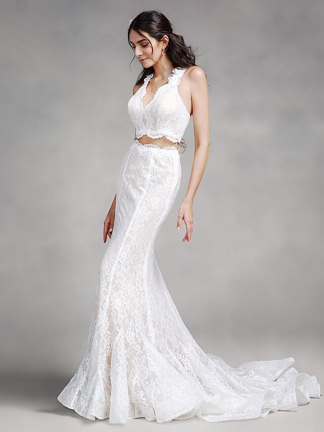  Mermaid / Trumpet V Neck Court Train Lace Made-To-Measure Wedding Dresses with Lace by LAN TING BRIDE®