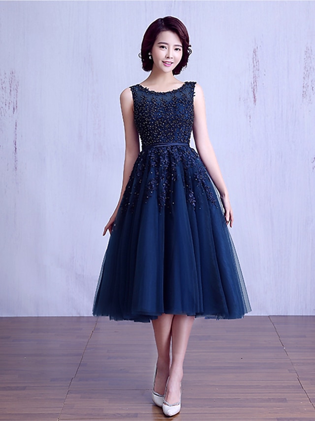  Ball Gown Jewel Neck Tea Length Lace Over Tulle Bridesmaid Dress with Lace / Sash / Ribbon / Beading