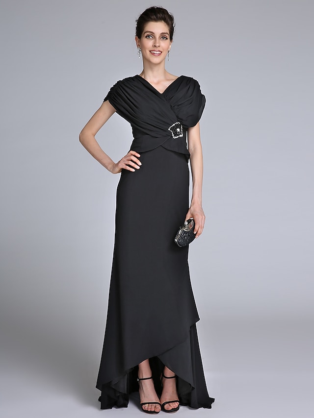  Sheath / Column V Neck Sweep / Brush Train Chiffon Mother of the Bride Dress with Beading / Criss Cross by LAN TING BRIDE®