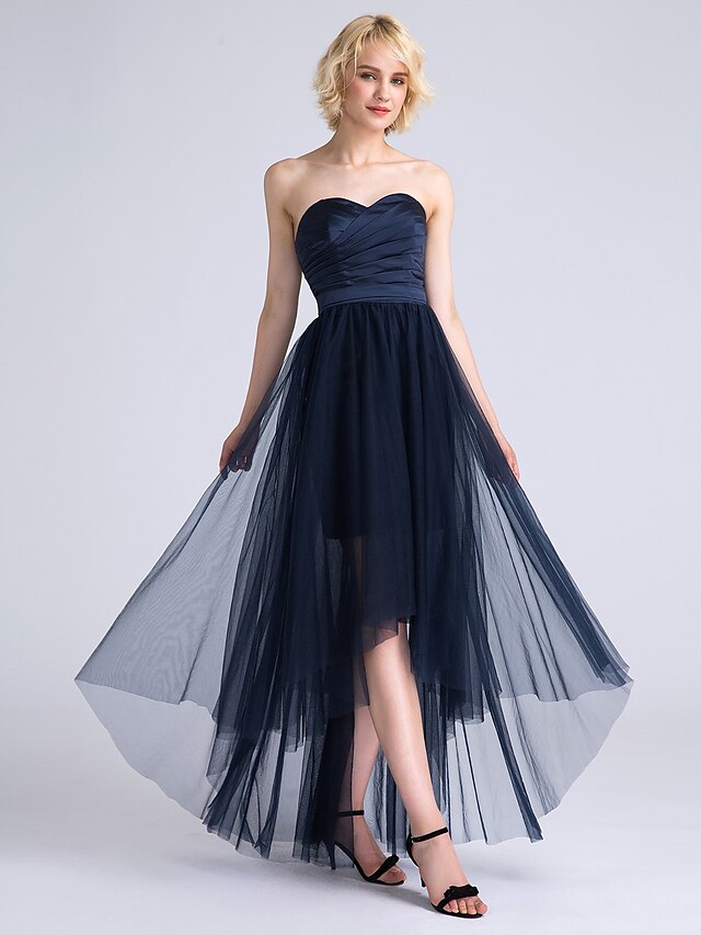  A-Line Sweetheart Neckline Asymmetrical Satin / Tulle Bridesmaid Dress with Criss Cross / Ruched by LAN TING BRIDE® / Open Back