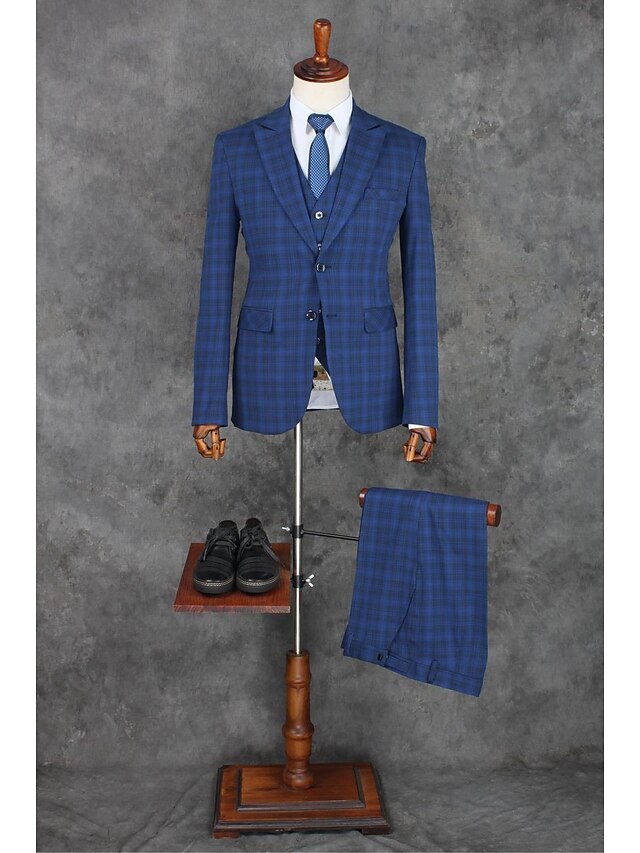  Blue Stripe Slim Fit Polyester Suit - Notch Single Breasted Two-buttons