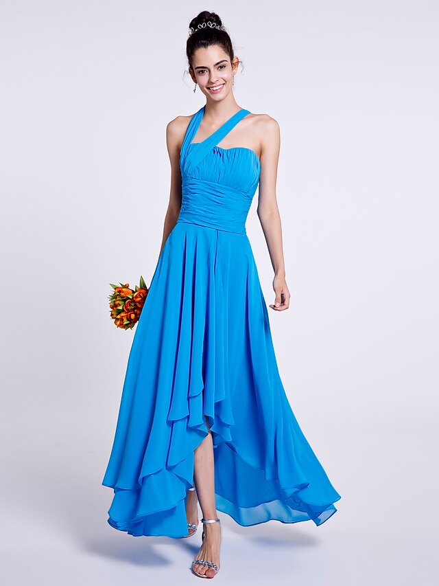  A-Line One Shoulder Asymmetrical Chiffon Bridesmaid Dress with Draping / Ruched by LAN TING BRIDE®