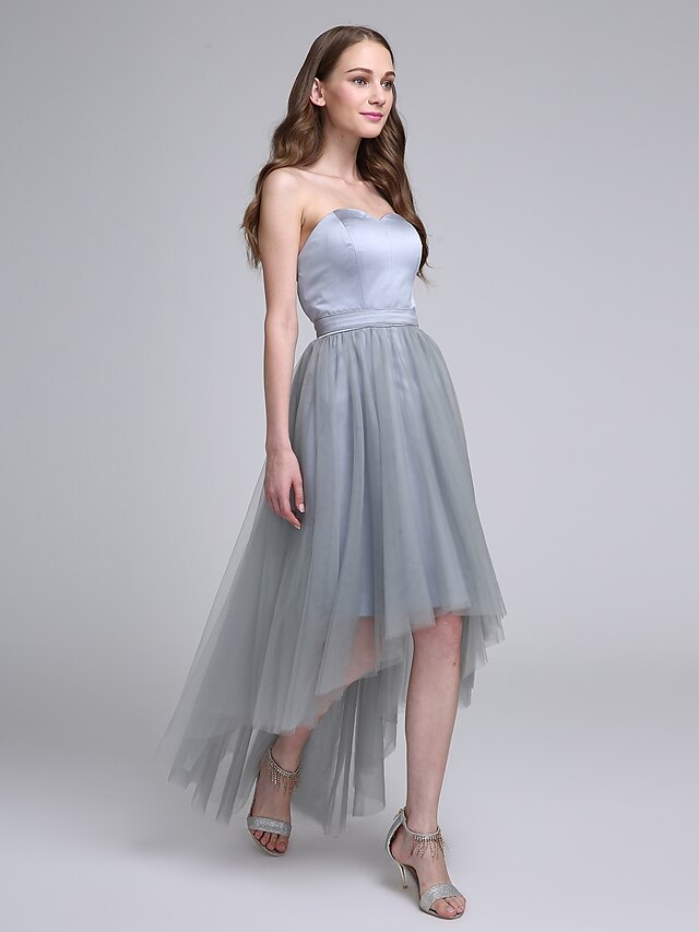  A-Line Sweetheart Neckline Asymmetrical Satin / Tulle Bridesmaid Dress with Sash / Ribbon by LAN TING BRIDE®