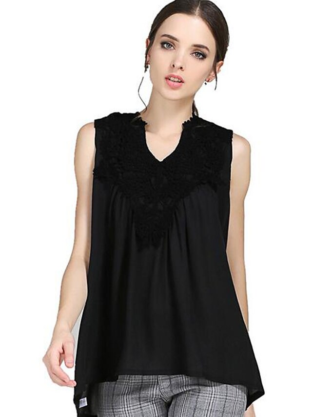  Mujer Chic de Calle Tallas Grandes Encaje Blusa, Escote en Pico Retazos Negro / Verano