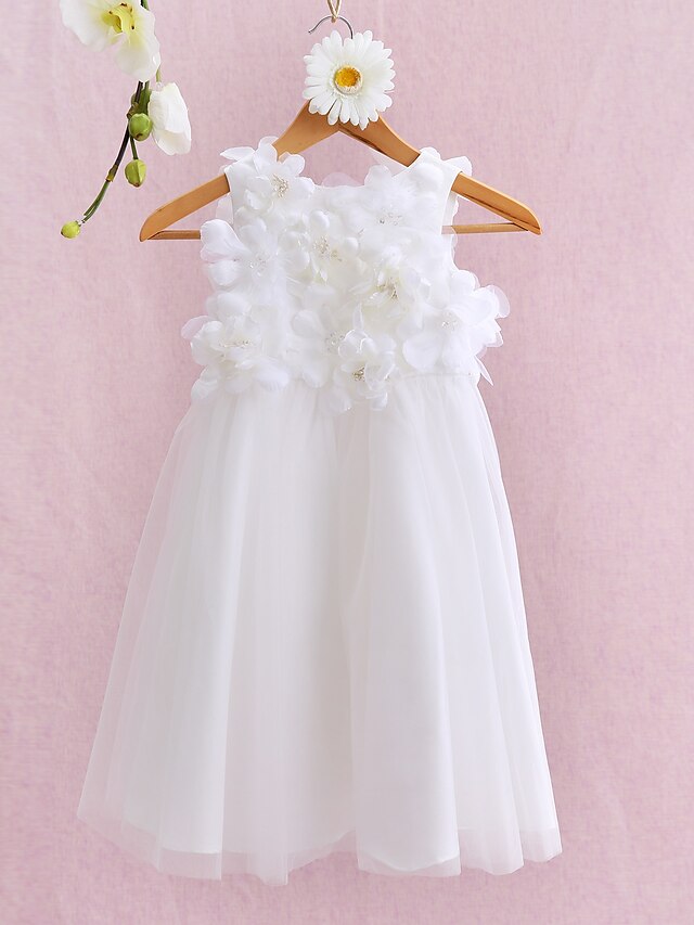  Ball Gown Knee Length Flower Girl Dress - Tulle Sleeveless Jewel Neck with Flower by LAN TING BRIDE®