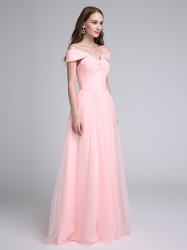  A-Line Off Shoulder Floor Length Tulle Bridesmaid Dress with Criss Cross / Ruched by LAN TING BRIDE®