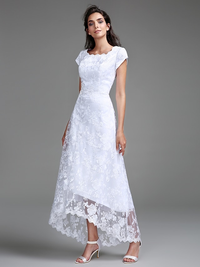  Sheath / Column Wedding Dresses Asymmetrical All Over Lace Cap Sleeve Casual Little White Dress with Lace 2021