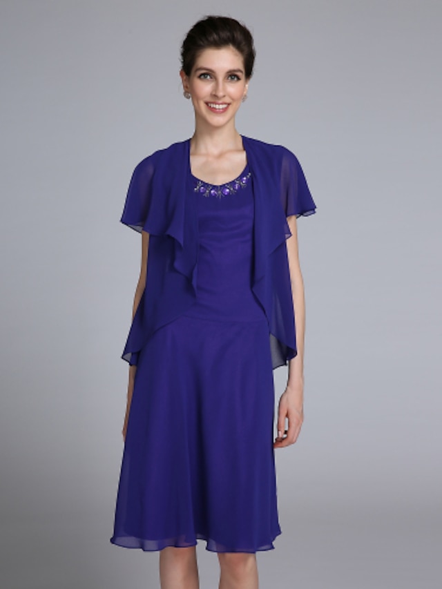 Sheath / Column Scoop Neck Knee Length Chiffon Mother of the Bride Dress with Beading by LAN TING BRIDE®
