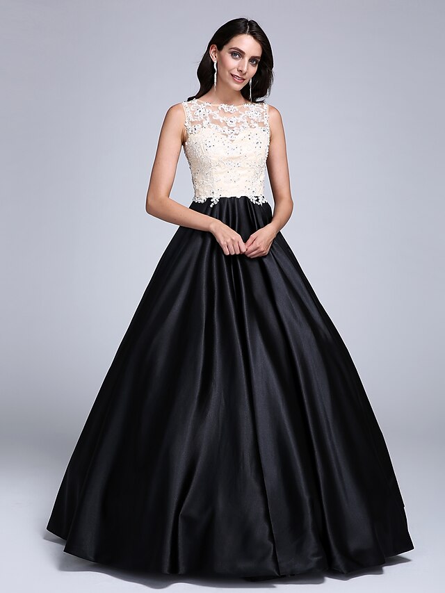  Ball Gown Color Block Quinceanera Formal Evening Dress Illusion Neck Sleeveless Floor Length Stretch Satin Beaded Lace with Appliques 2020