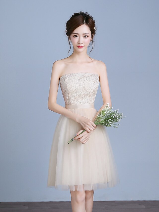  Knee-length Lace / Satin / Tulle Bridesmaid Dress - A-line Strapless with Lace