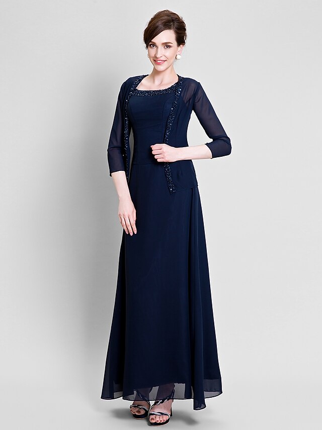  Sheath / Column Mother of the Bride Dress Scoop Neck Floor Length Chiffon No with Beading 2023