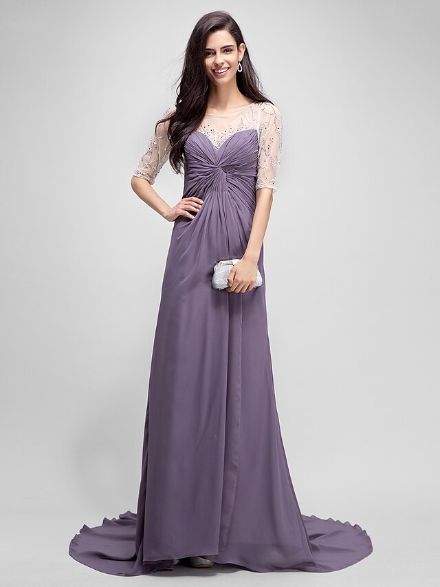  A-Line Mother of the Bride Dress Elegant Scoop Neck Floor Length Chiffon Half Sleeve No with Criss Cross Beading 2023