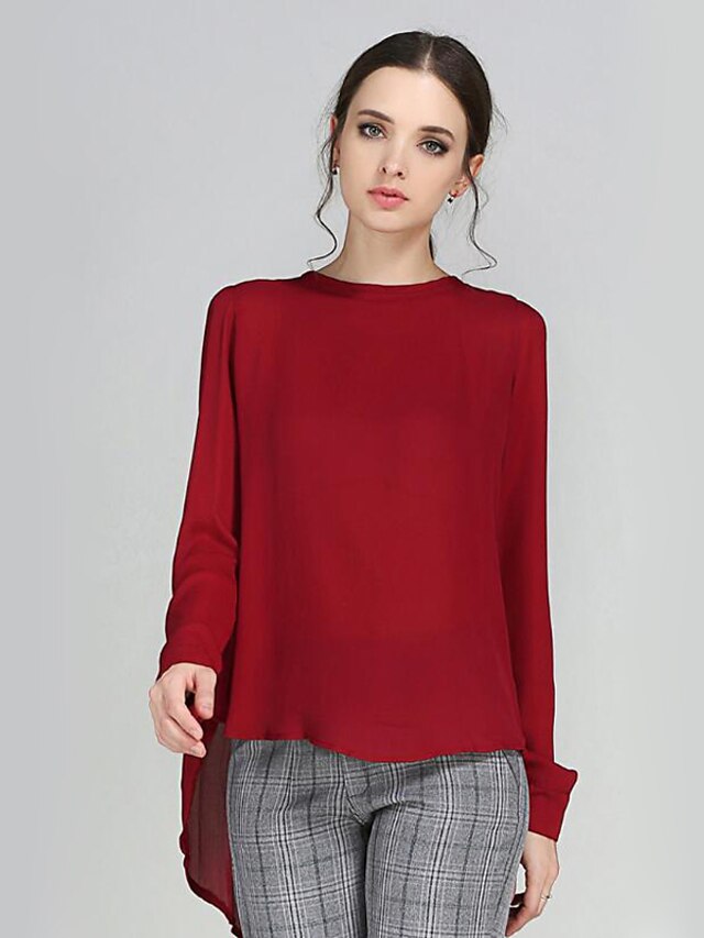  Women's Daily Weekend Street chic Plus Size Loose Blouse - Solid Colored Pleated Crew Neck Wine / Fall