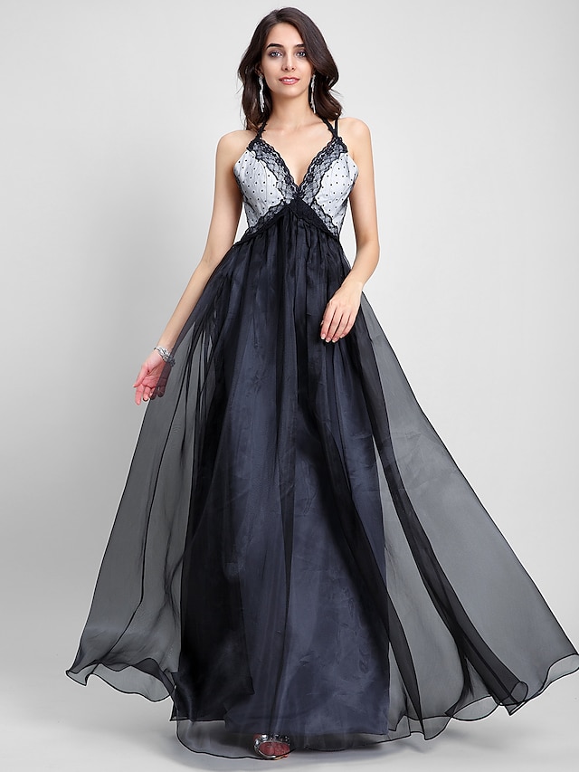  A-Line Celebrity Style Prom Formal Evening Dress Spaghetti Strap Sleeveless Floor Length Organza with Lace