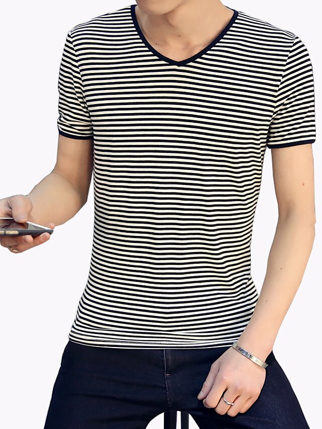  Men's Striped T-shirt Casual / Daily Plus Size Wine / Black / Yellow / Summer / Short Sleeve